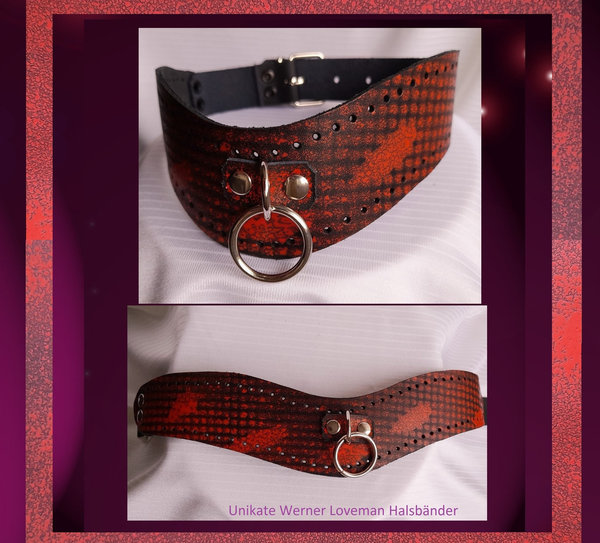 Modern Art Leder-Halsband Unikat rot/ sw