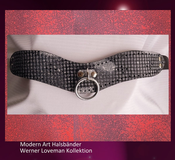 Modern Art Leder-Halsband Unikat 3,5 cm breit sw/ weiß
