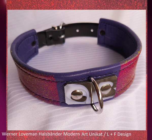 Leder-Halsband Modern Art, Ornament lila, rosa, gelb, genäht mit  D-Ring